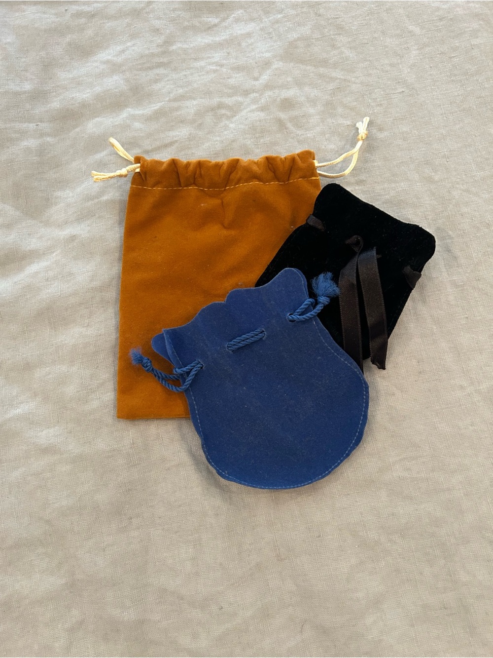 Velvet Drawstring Pouches Trio - Blue, Black & Mustard